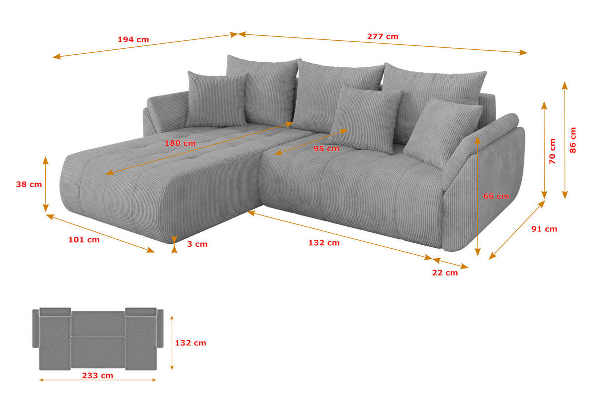 ROHOVÁ SEDAČKA s funkcí spaní, otoman vlevo TOKO-L 277x194x86 šedá manšestr - šedá/černá, kompozitní dřevo/textil (277/194cm) - ALTDECOR