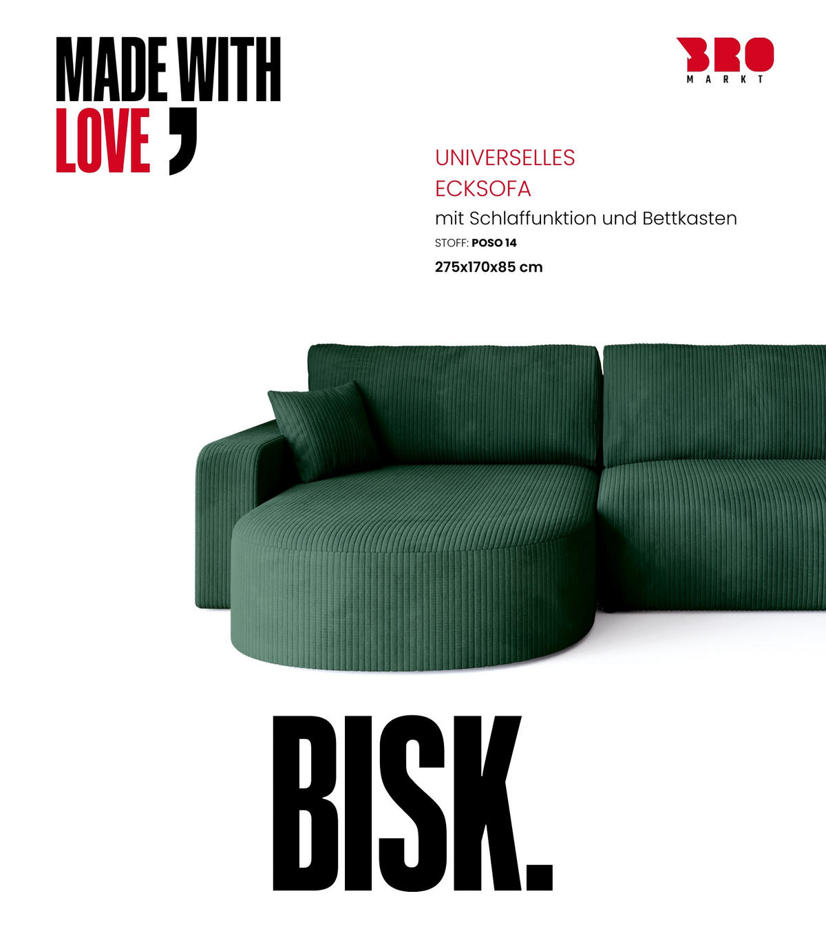 ECKSOFA Bisk mit Schlaffunktion Flaschengrün Cordstoff - Dunkelgrün, Textil (275/170cm) - Bromarkt