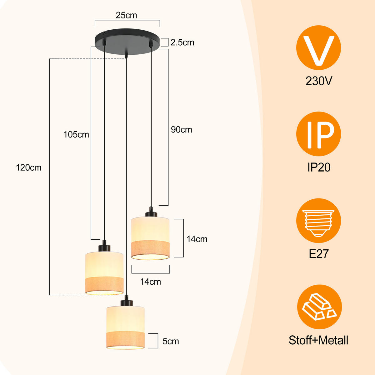 PENDELLEUCHTE Seraphina 25/25/120 cm - Weiß, Kunststoff/Metall (25/25/120cm) - ZMH