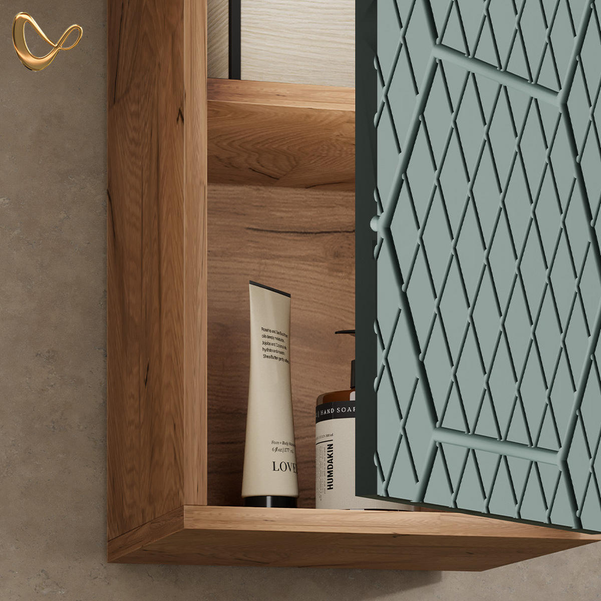 BADSCHRANK Ronco Grün/Goldkraft Eiche 30 x 59 cm 2 Fächer, Badezimmer - Eiche Wotan/Grün, Holzwerkstoff (30/59/24cm) - Livinity®