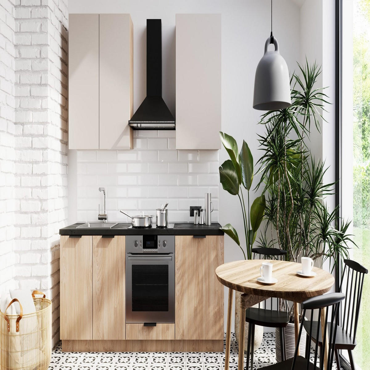KÜCHENZEILE 200 cm - Sorento K46-M200 - in Beige / Sonoma Eiche - Beige/Schwarz, Holz/Holzwerkstoff (200/210/58cm)
