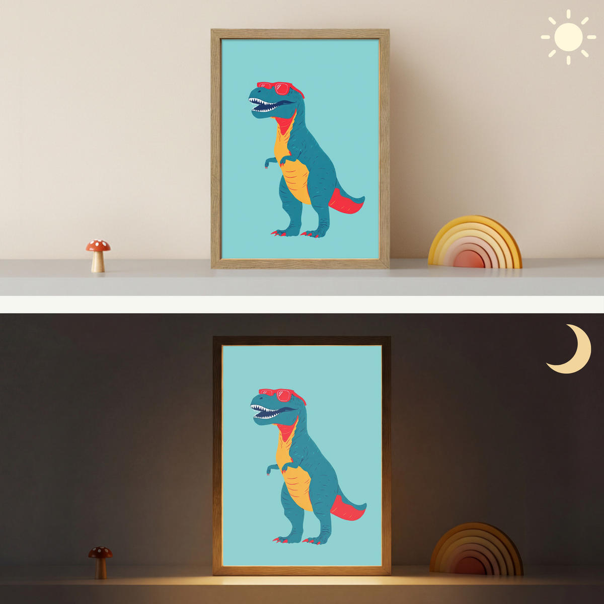 NÁSTĚNNÁ LAMPA S AKUMULÁTOREM Dinosaurus - Modrá - Sluneční brýle 30x40 cm - světle modrá, kompozitní dřevo (30/40/8cm) - OnlyWow