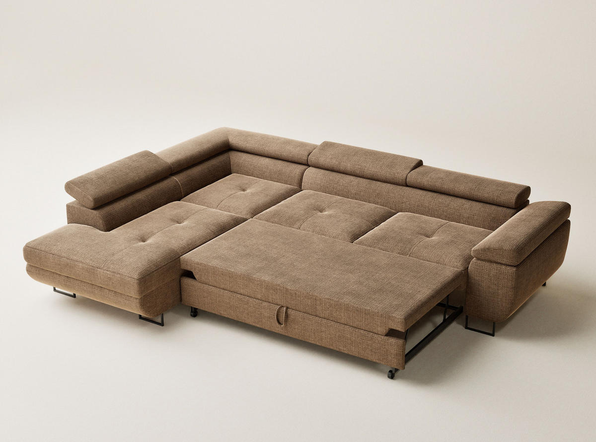 ECKSOFA Concord Hellbraun Chenille-Stoff - Links Seite - Hellbraun/Schwarz, Holz/Holzwerkstoff (203/277cm) - Maison de Reve