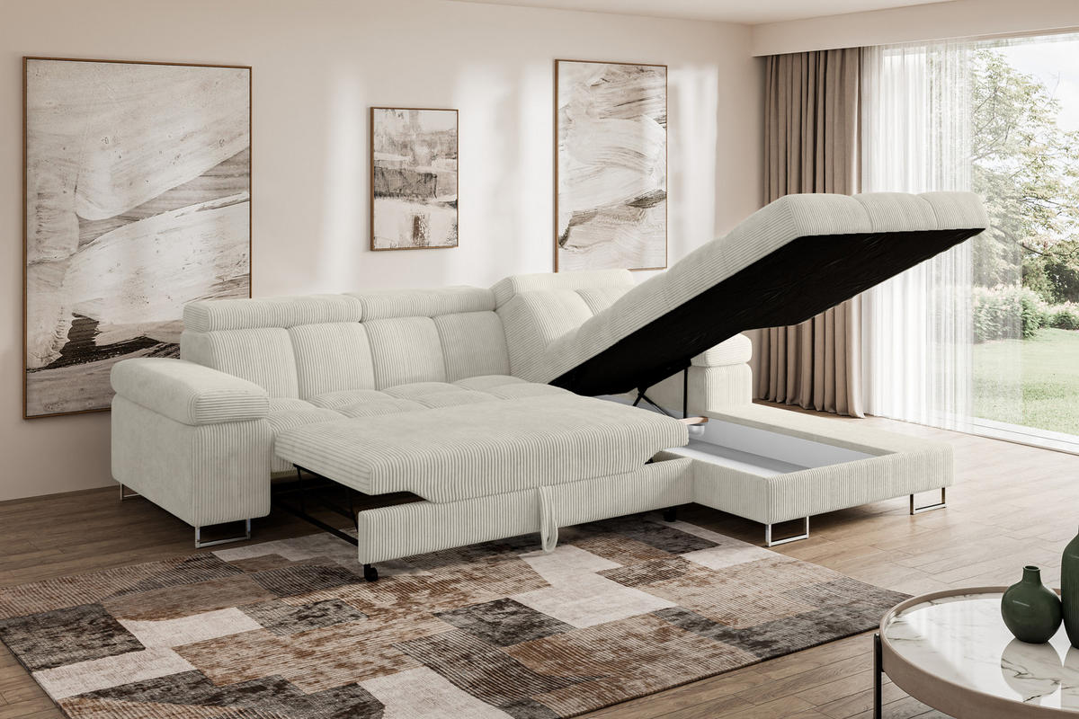 ECKSOFA mit Schlaffunktion Ottomane Rechts COMA L 271x203x79 Creme Cord - Mokka, Holzwerkstoff/Textil (203/271cm) - ALTDECOR