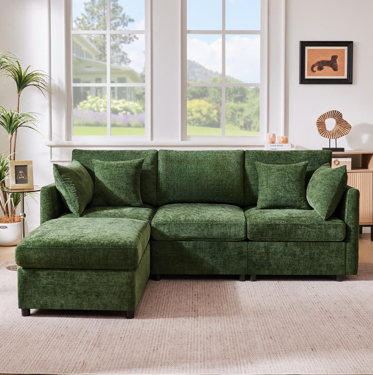 ECKSOFA 216/161/81 cm modular mit beweglichem Hocker und 4 Kissen aus Chenille, Grün - Grün, Textil (216/161cm) - Redom