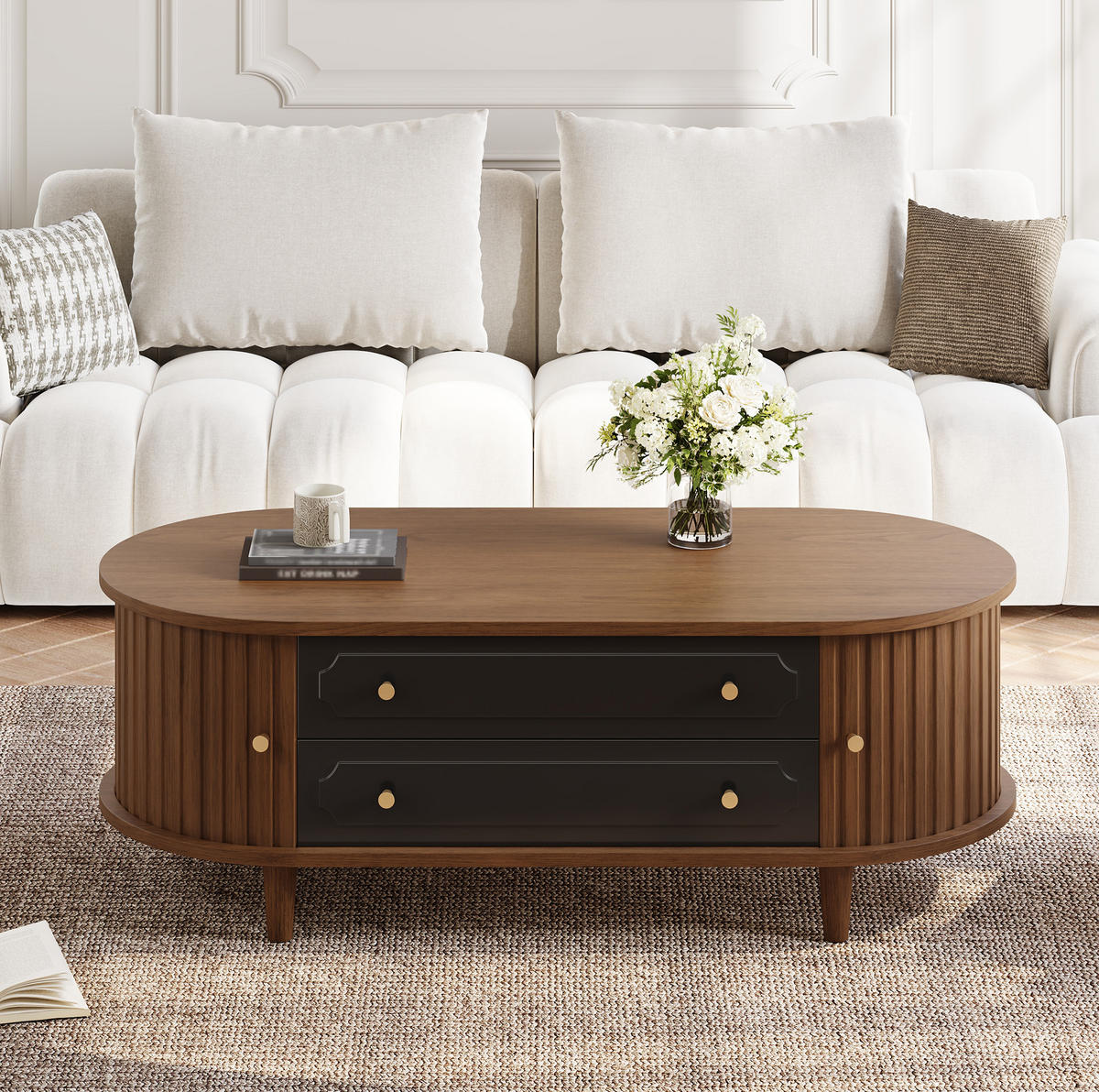 COUCHTISCH mit 2 Schubladen und 2 Rolltüren 100 x 50 cm Walnussoptik Schwarz - Braun, Holzwerkstoff (100/50/36cm) - Meubliv