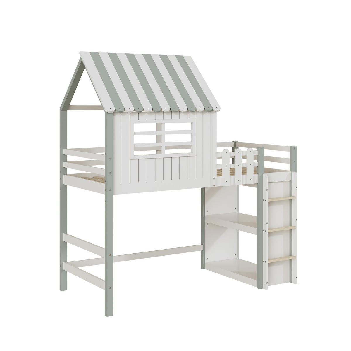 HAUSBETT 90/200 cm Grün aus Massivholz mit Dach und Sicherheitsleiter - Grün, Holz (90/200cm) - OKMYHOME
