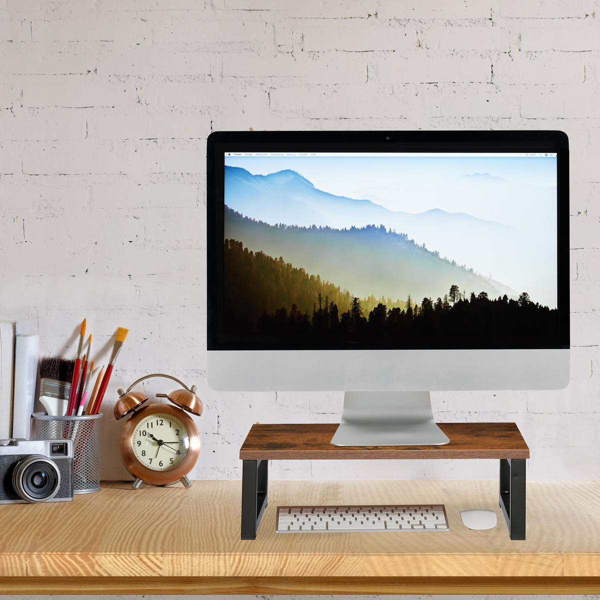 MONITORSTÄNDER Braun Schwarz Stahl MDF Industrial 15x40x23 cm - Multicolor, Holzwerkstoff/Metall (23/40/15cm) - Relaxdays