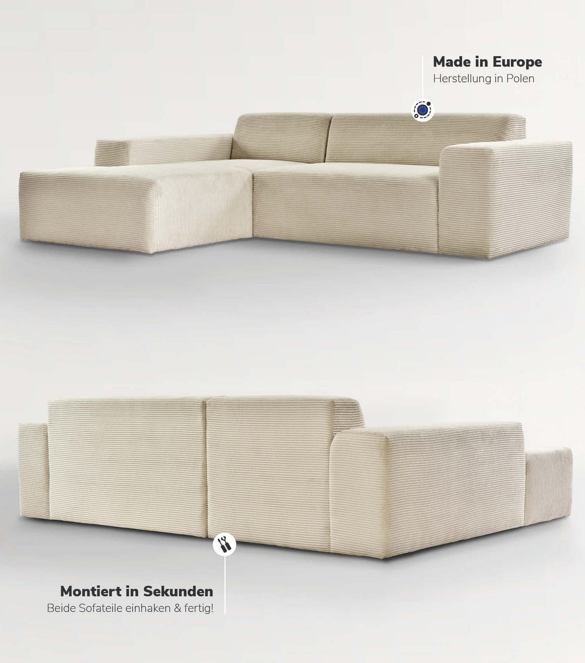 ECKSOFA Die Lässige Recamiere links - Beige, Textil (253/188cm) - Mokebo
