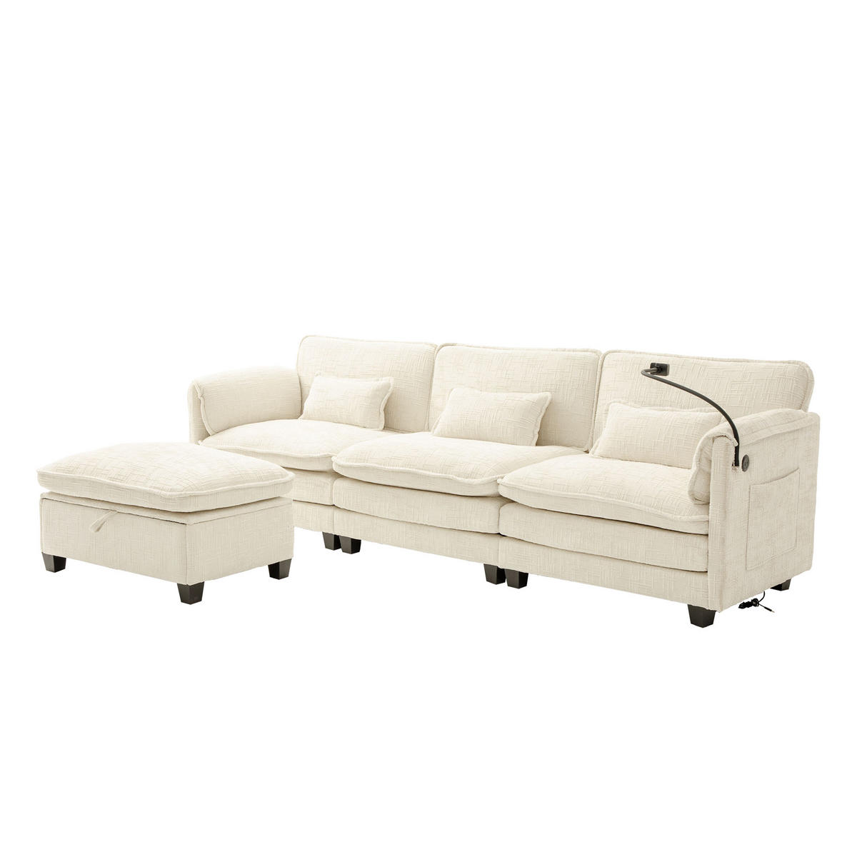 ECKSOFA mit USB-Anschluss und Hocker Chenille Beige 279/83/85 cm - Beige, Textil (279/83cm) - OKWISH