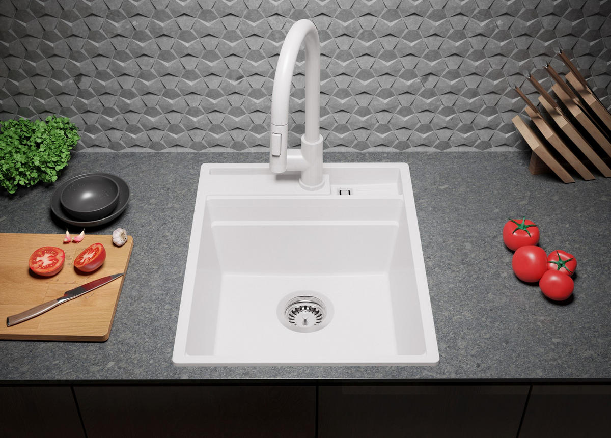 SPÜLBECKEN Oslo Pocket, 2-er set Weiß 43/53 cm 1 Becken + Ablauf-Set + Küchenzubehörset ab 45er Unterschrank - Chromfarben/Beige, Kunststoff (43/20/53cm) - Primagran