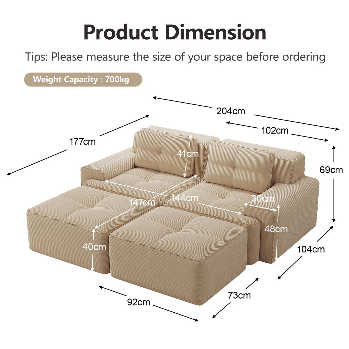 2-SITZER SOFA Cord Beige mit Ottomane - Beige, Textil (204/69/177cm) - WISHDOR