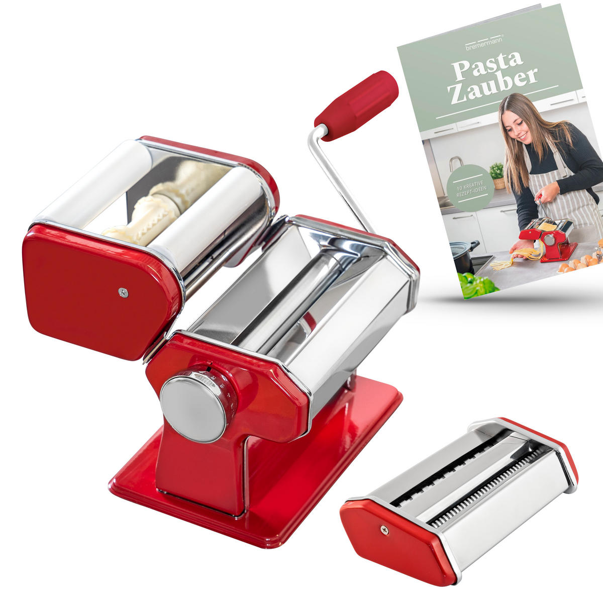 NUDELMASCHINE inkl. Rezeptbuch, Ravioliaufsatz , rot/Edelstahl - Rot/Silberfarben, Metall (20/15/21cm) - bremermann