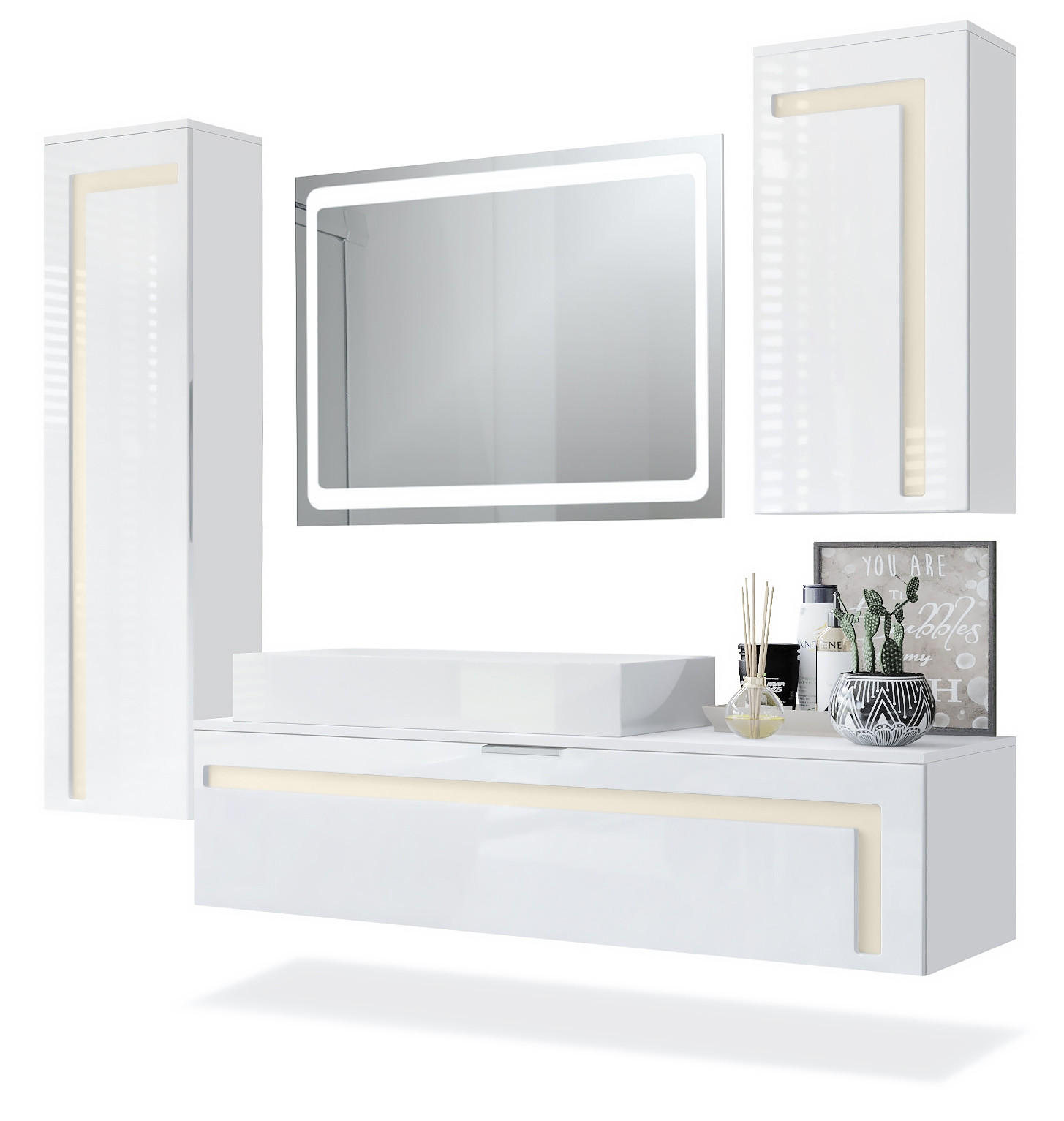 BADMÖBELSET Aloha Absetzungen in Creme Hochglanz - Creme, Holzwerkstoff (210/185/51cm) - Vladon
