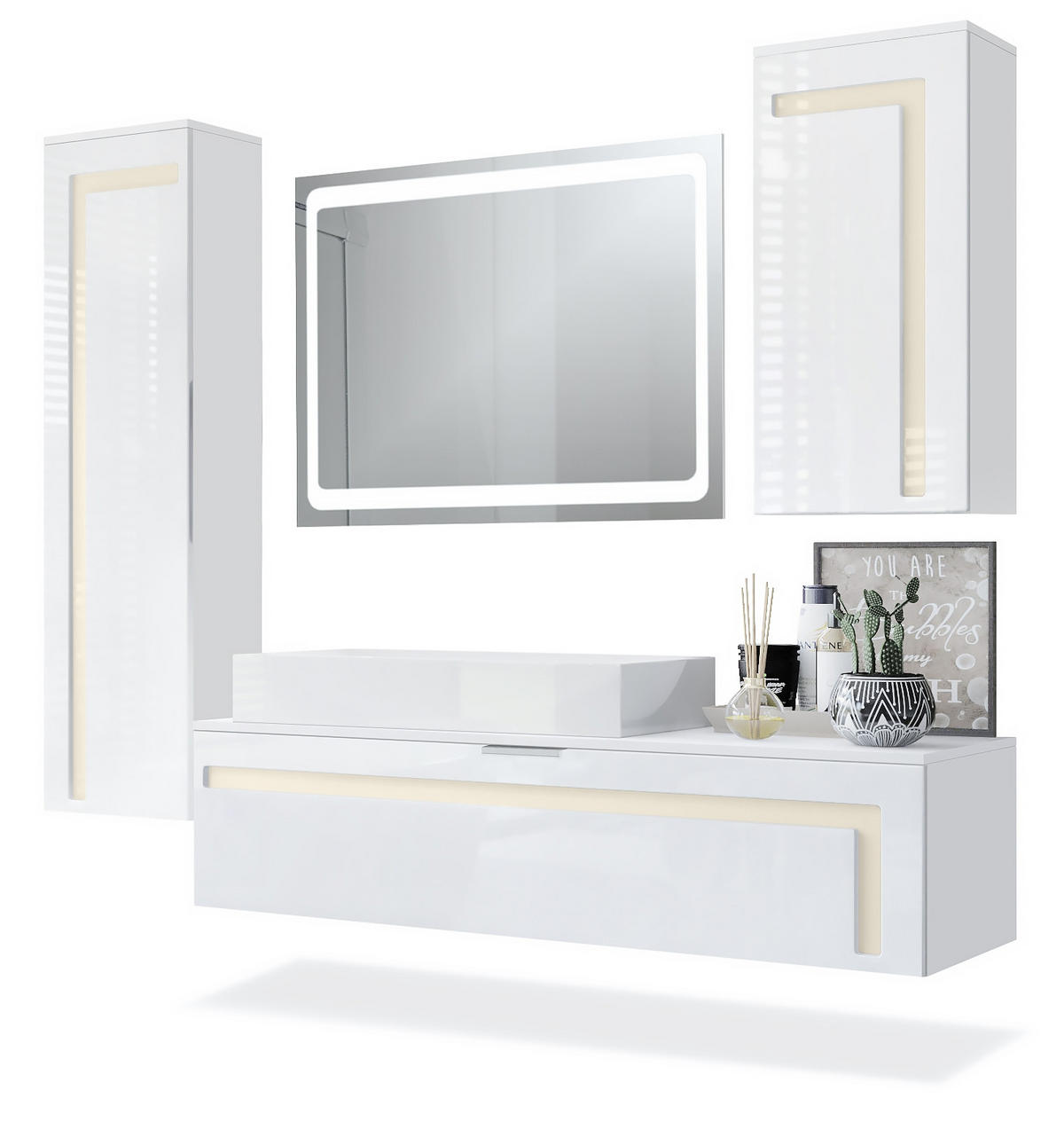 BADMÖBELSET Aloha Absetzungen in Creme Hochglanz - Creme, Holzwerkstoff (210/185/51cm) - Vladon