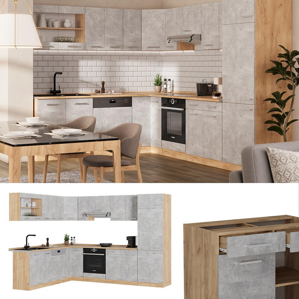 ROHOVÁ KUCHYŇ R-Line Beton/zlatý dub - šedá/medově dubová, kompozitní dřevo (287/81.6/60cm) - Vicco