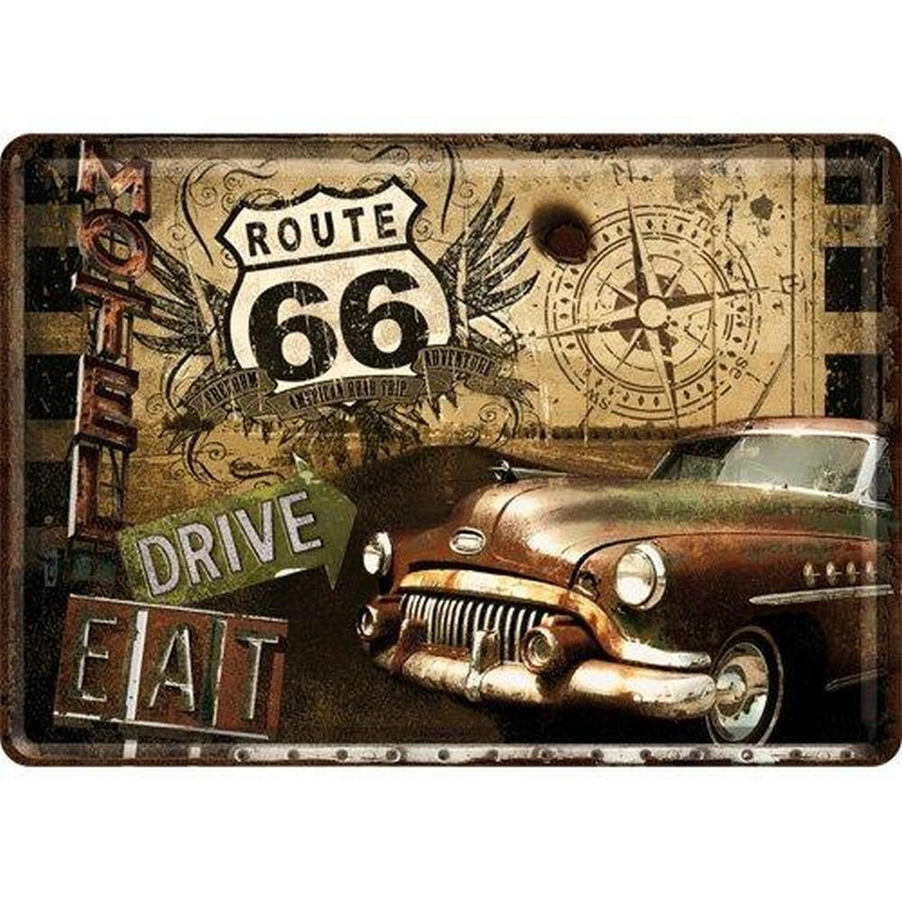 MINIBLECHSCHILD 10/14 cm US Highways Route 66 Road Trip - Multicolor, Metall (14/10/0.1cm) - Nostalgic-Art