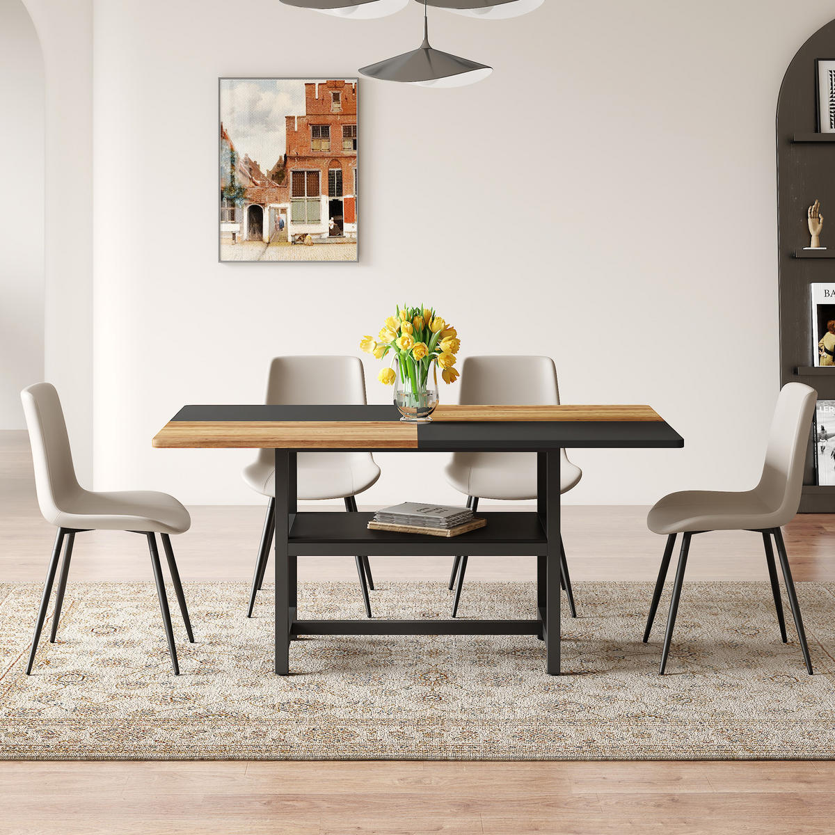 ESSGRUPPE DE-39360 5-teilig, mit Ablagefach und 4 PU-Sesseln Warmgrau - Grau, Holzwerkstoff (160/76/90cm) - ComfortXL