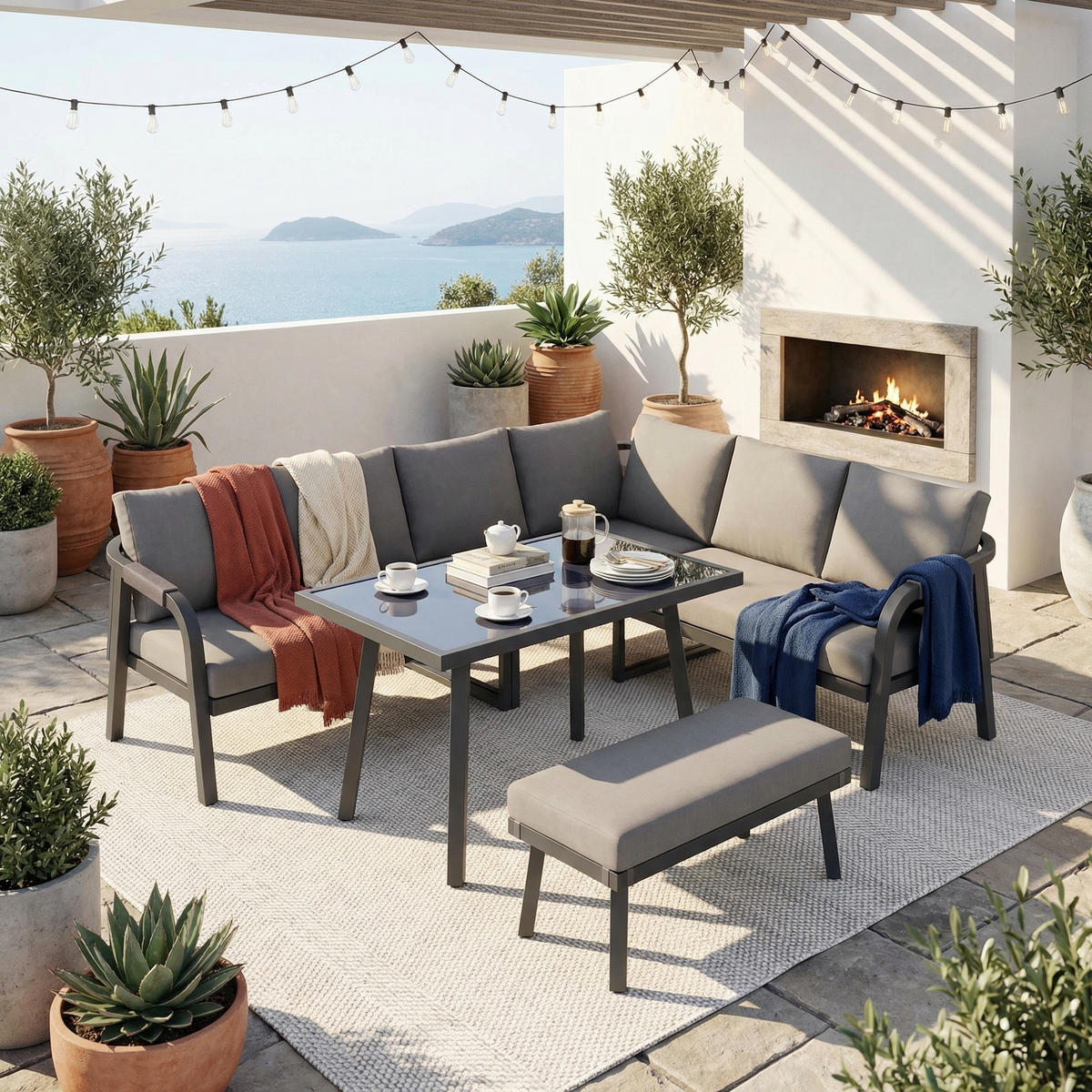 GARTEN-ESSGRUPPE 8 Personen Ecksofa Esstisch Bank Stahl Grau - Grau, Textil - FLIEKS