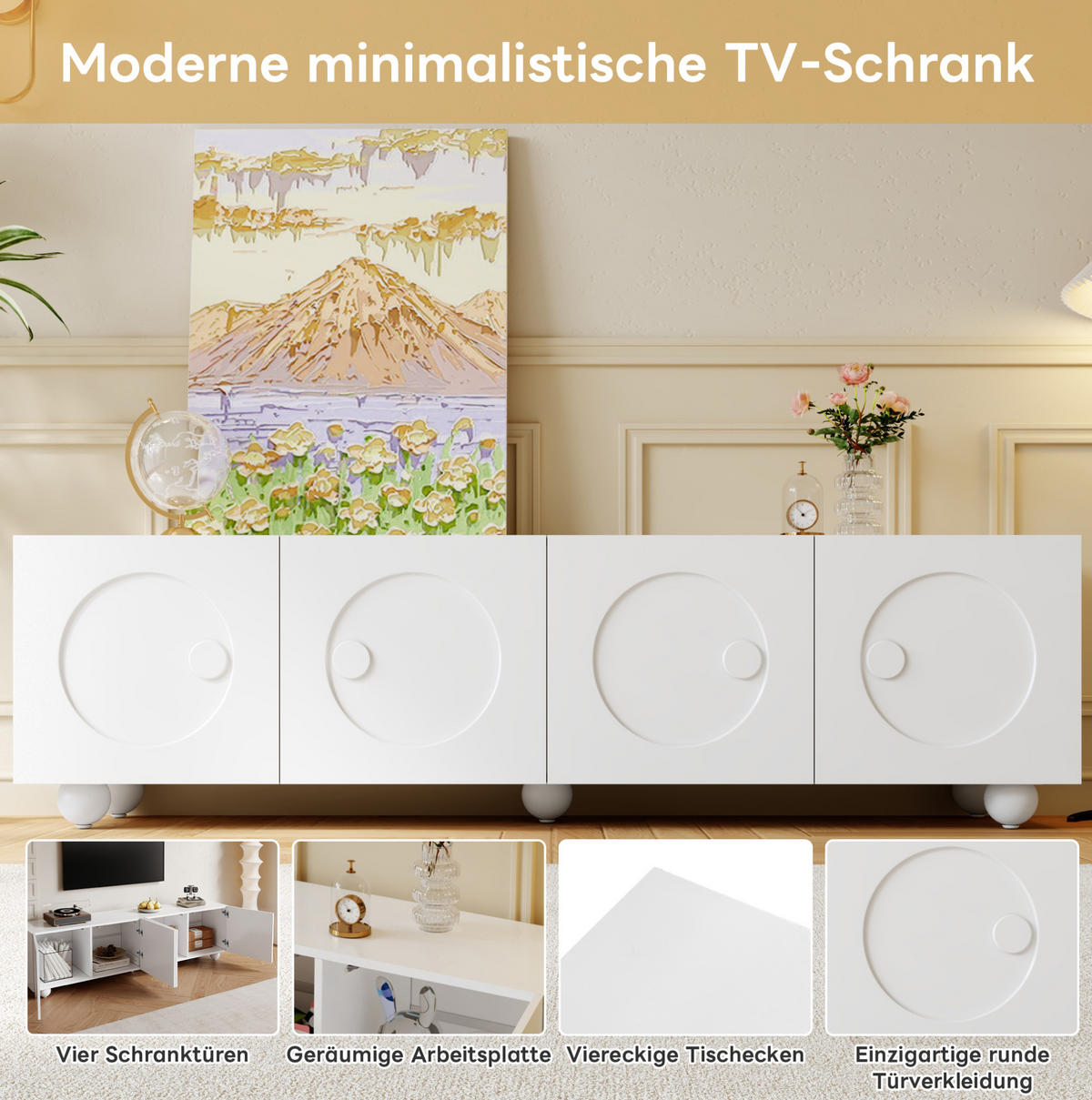 TV-SCHRANK aus MDF und Spanplatte 180,5x38x50 cm Weiß mit mehrtürigem Stauraum und 3D-Rundrelief-Fronten - Weiß, Holzwerkstoff (180.5/50/38cm) - Modfu