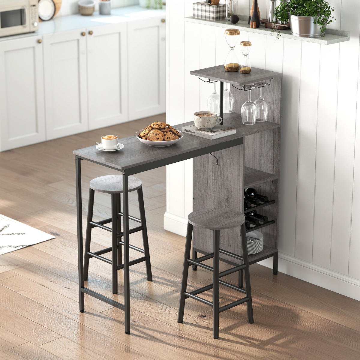 BARTISCH-SET DE-14784 mit Weinregal & Glashaltern für 2 Hocker Naturholz - Naturfarben, Holzwerkstoff (121.5/40/122cm) - ComfortXL