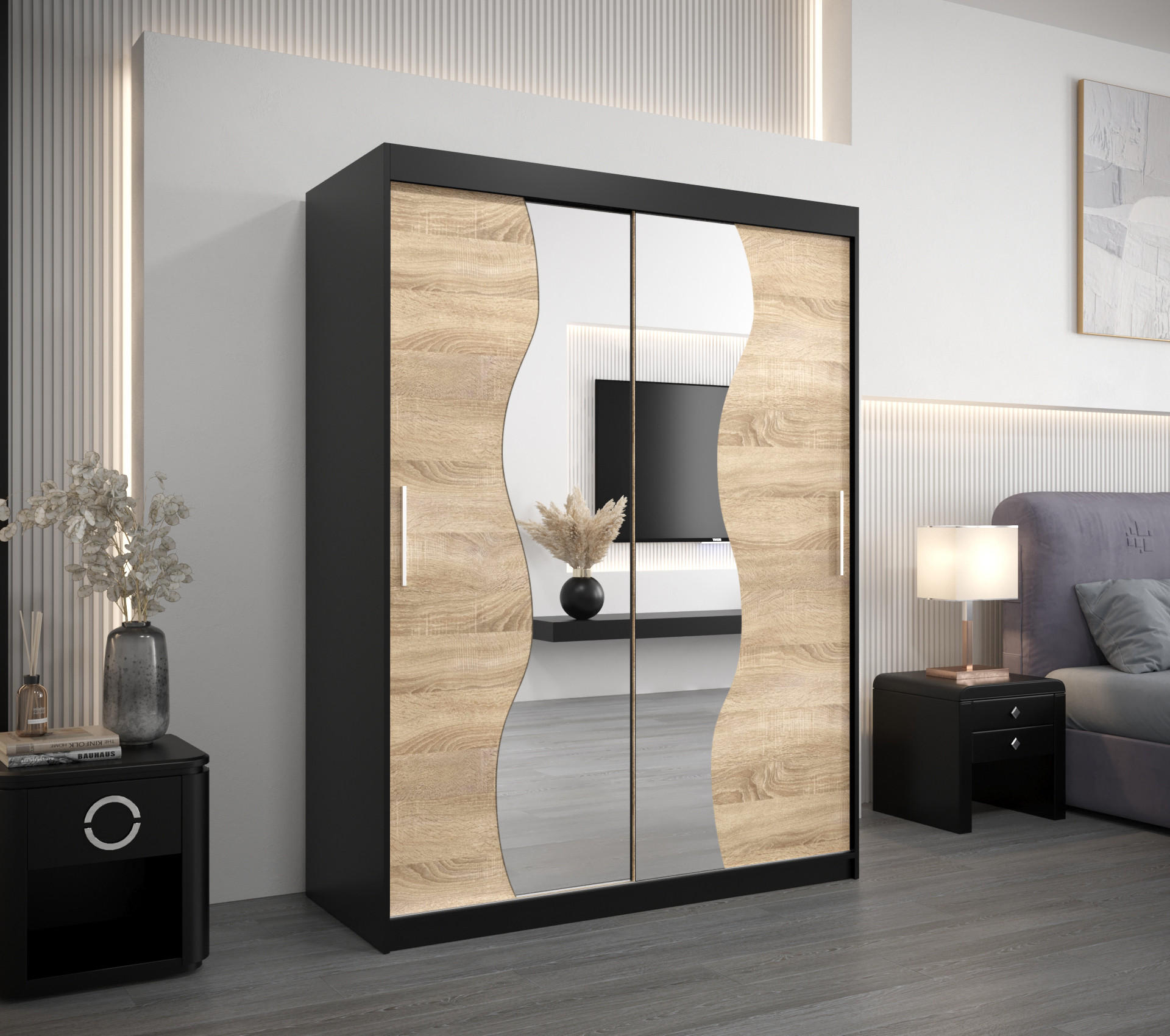 SCHWEBETÜRENSCHRANK 200/150/62 2-türig - Silberfarben/Schwarz, Holz/Kunststoff (150/200/62cm) - Abiks Möbel