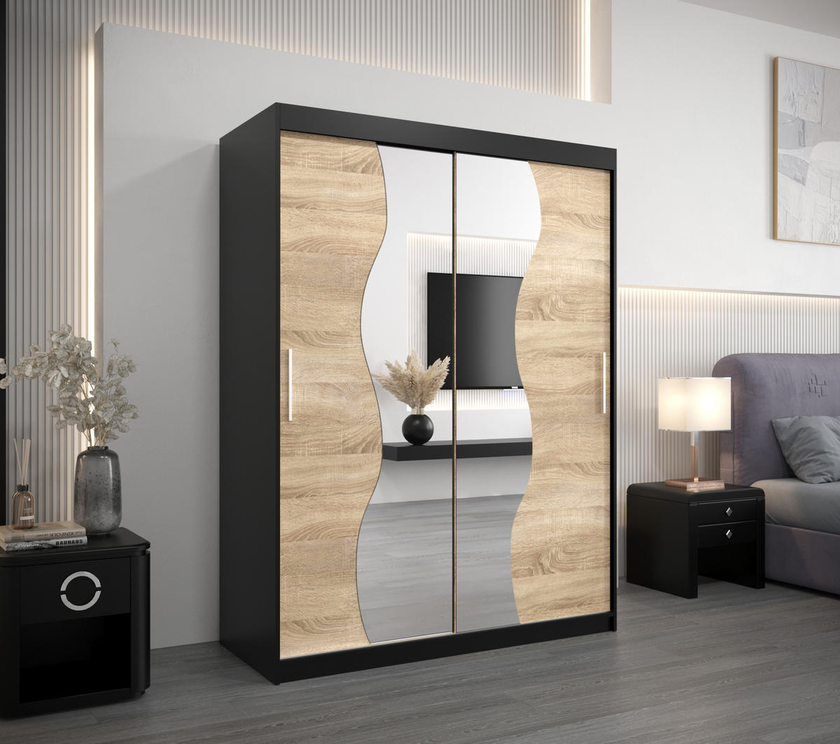 SCHWEBETÜRENSCHRANK 200/150/62 2-türig - Silberfarben/Schwarz, Holz/Kunststoff (150/200/62cm) - MÖBEL KRYSPOL