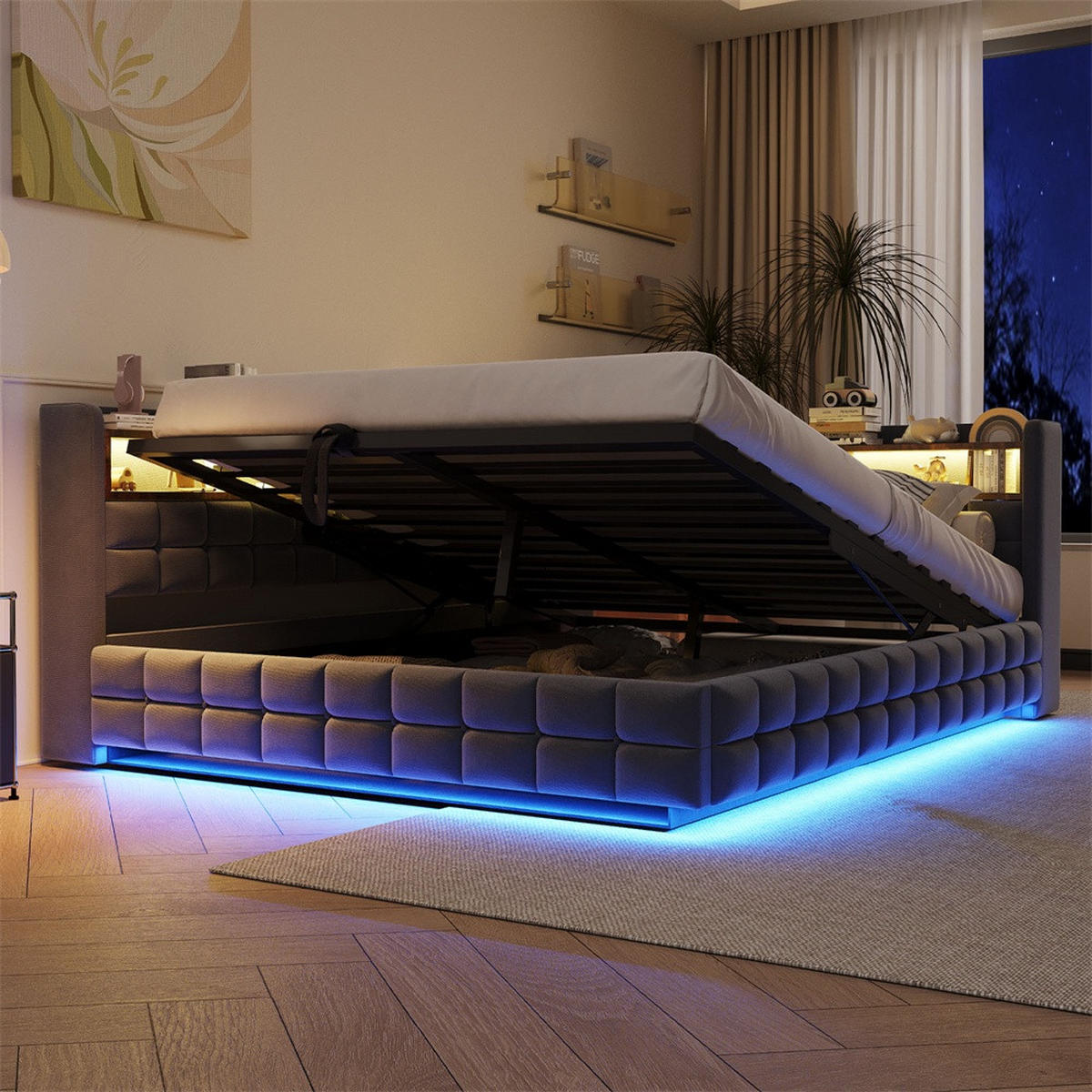 POLSTERBETT 140x200 cm mit hydraulischem Stauraum und Regal - LED Beleuchtung - USB & Typ-C - Grau - ohne Matratze - Grau, Textil (140/200cm) - DELFA