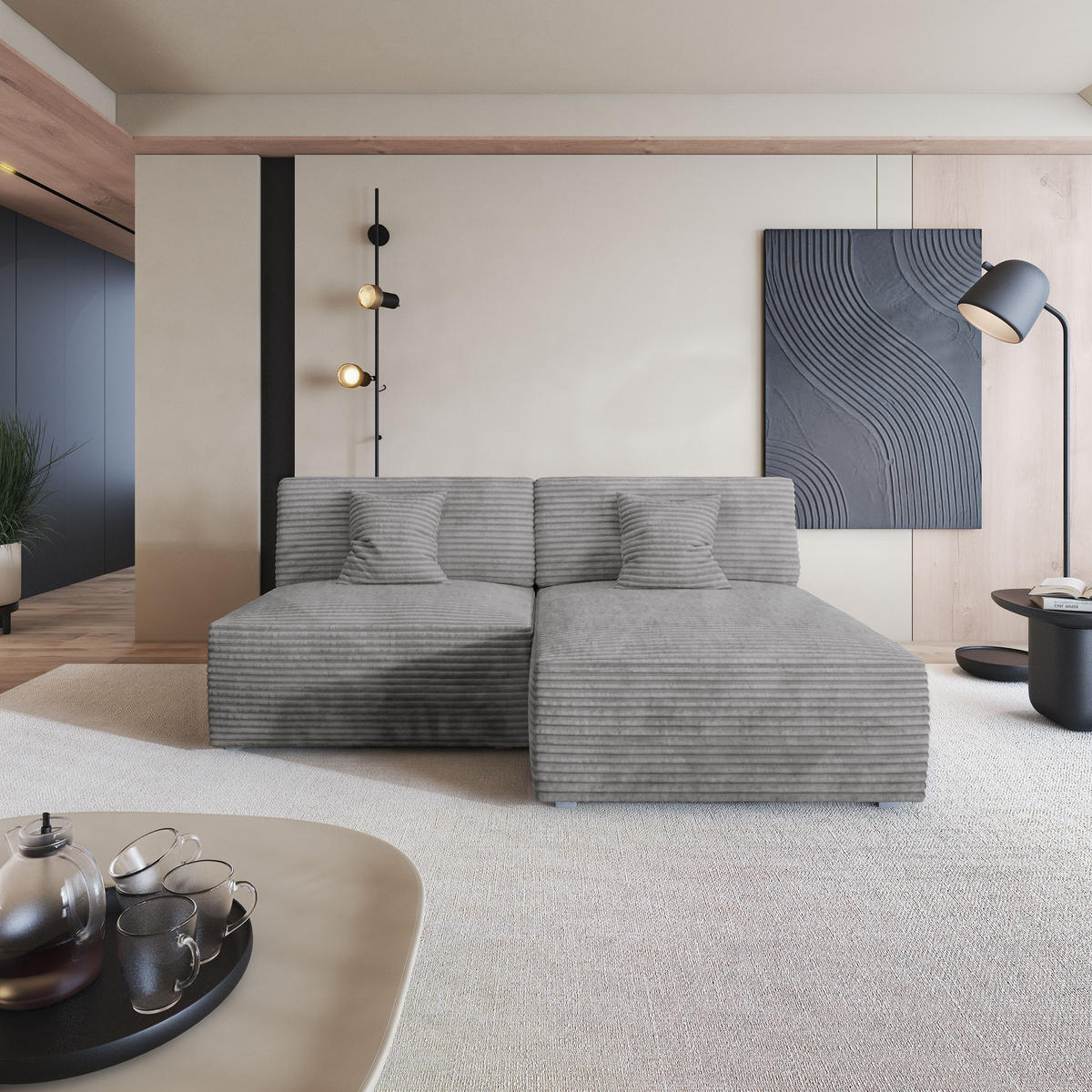 ROHOVÁ SEDAČKA FIORO světle šedá - šedá/světle šedá, dřevo/textil (204/148cm) - MASSENO