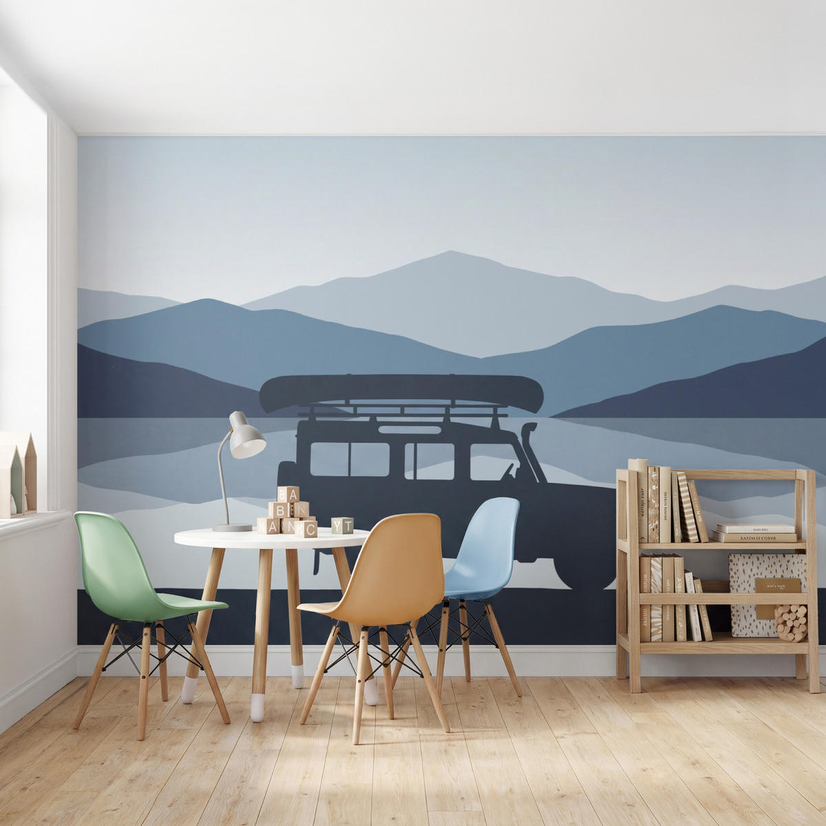 KINDERTAPETE - Auto - See - Berge - Blau - 350x220 cm - Blaugrau, Papier (350/220cm) - OnlyWow