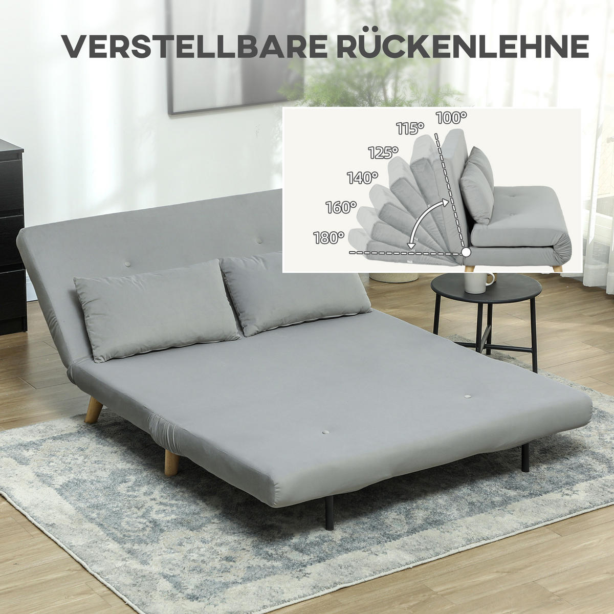 SCHLAFSOFA Sofa mit Schlaffunktion 130 X 78 cm Couch mit Lendenkissen, Hellgrau - Hellgrau/Naturfarben, Holz/Textil (78/79/130cm) - HOMCOM