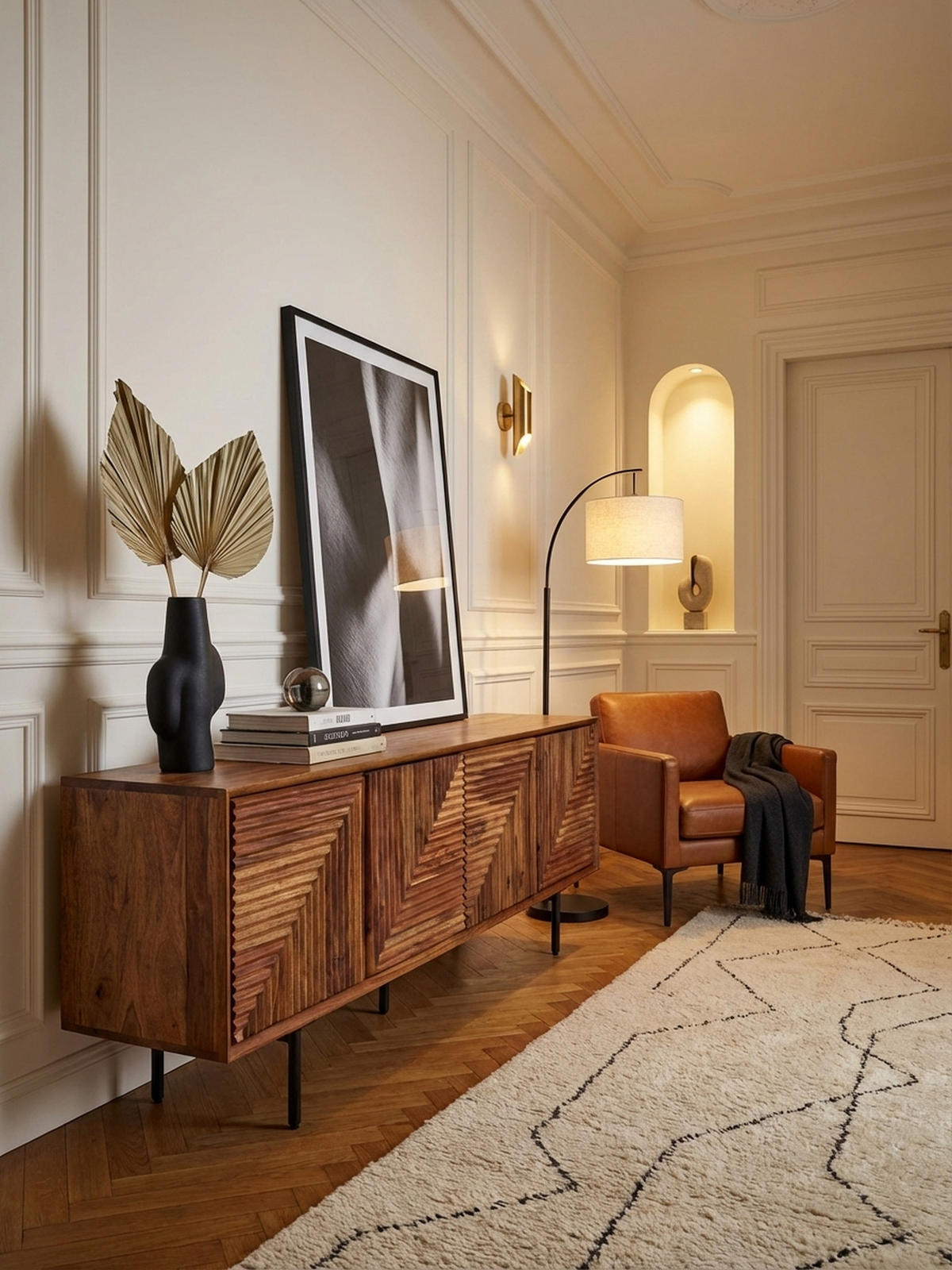 LOWBOARD Massivholz Modern Stil Modell Spectrum mit 3D-Oberfläche und Edelstahl-Gestell - Schwarz/Braun, Holz/Metall (140/54/33cm) - KADIMA DESIGN