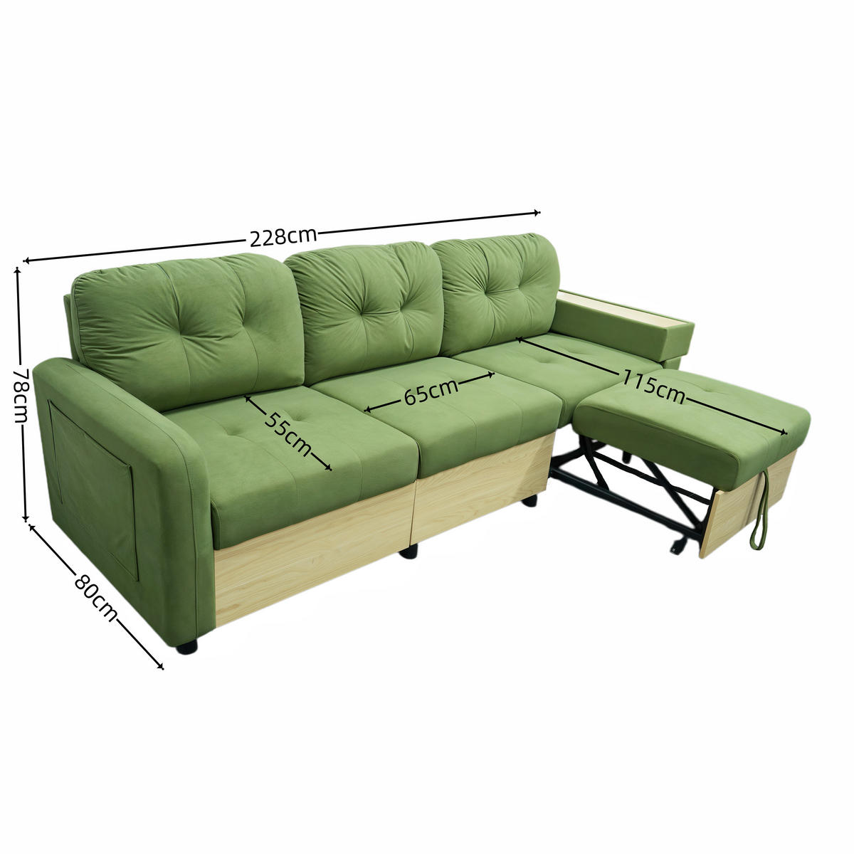 ECKSOFA 228/115/78 cm Grün mit ausziehbarer Ottomane, USB-Anschluss und Stauraum - Grün, Textil (228/80cm) - Oxeza