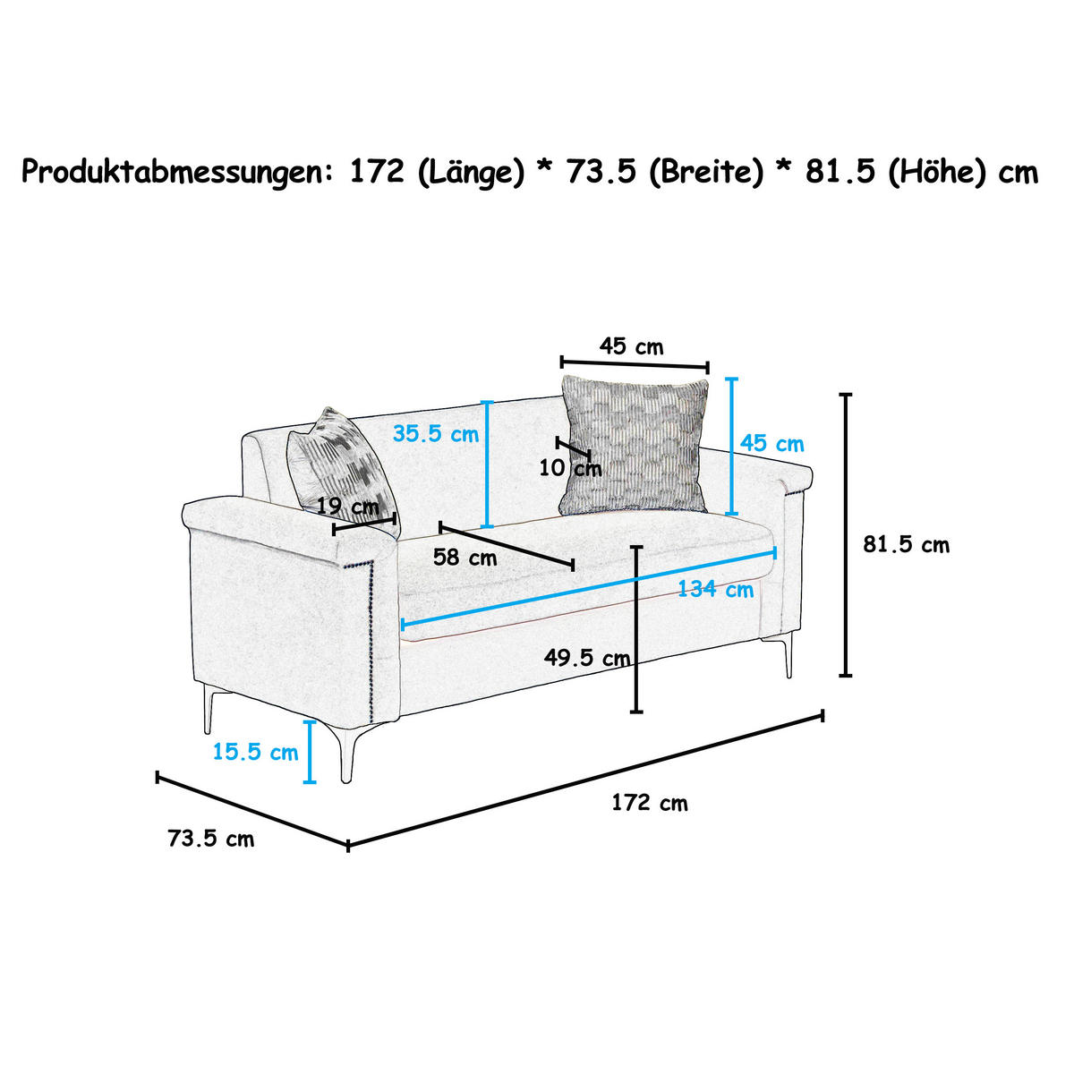 2-SITZER Sofa Massivholzrahmen mit Stoffbezug und Metallfüßen 172/73.5/81.5 cm Schwarz - Schwarz, Textil (73.5/81.5/172cm) - Redom