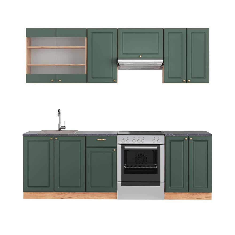 KÜCHENZEILE Fame-Line Grün-Gold Landhaus/Goldkraft Eiche 240 cm AP Anthrazit - Eiche Wotan/Grün, Holzwerkstoff (240/81.6/60cm) - Vicco