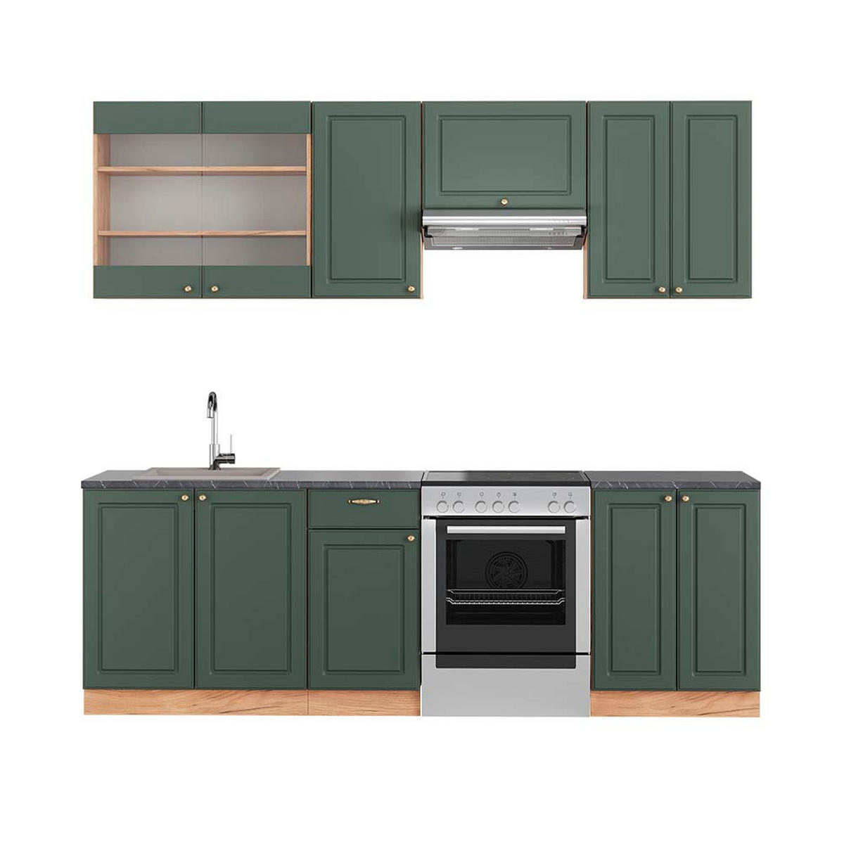 KÜCHENZEILE Fame-Line Grün-Gold Landhaus/Goldkraft Eiche 240 cm AP Anthrazit - Eiche Wotan/Grün, Holzwerkstoff (240/81.6/60cm) - Vicco