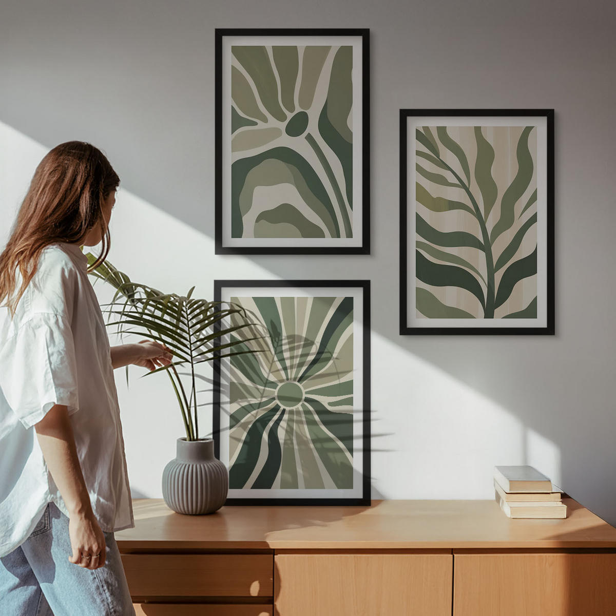 WANDBILDER 3er-Set - 40x60 cm Schwarzer Rahmen - Grüne und beige Pflanzenmuster - Schwarz, Kunststoff (40/60cm) - ArtPrintCave