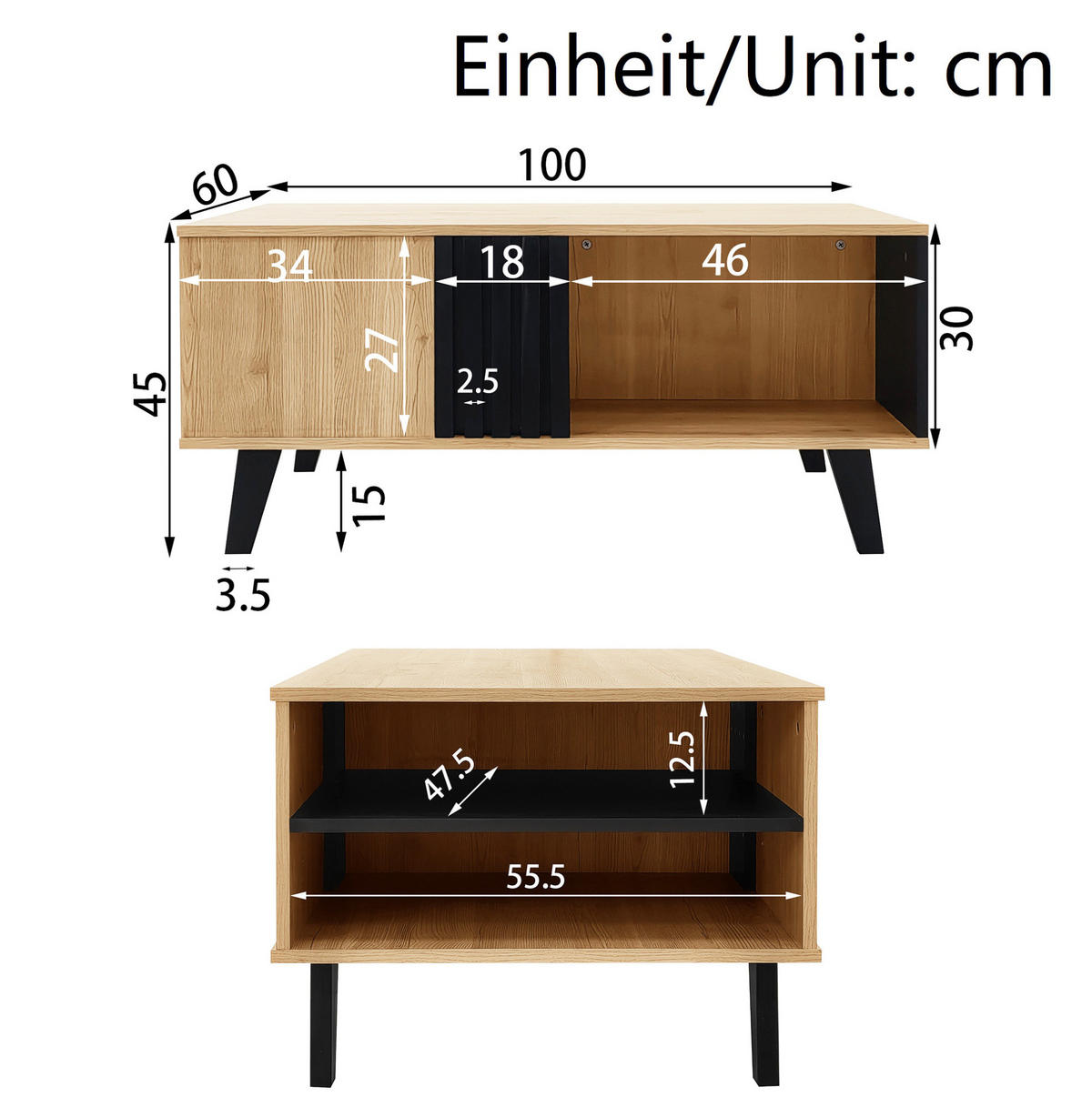 WOHNZIMMERMÖBEL-SET 3-teilig 100/60/45, 170/40/50,5, 140/41/78,5 cm mit LED, Glas und Stauraum, Schwarz/Holzfarben - Schwarz, Holzwerkstoff (100/45/60cm) - Redom