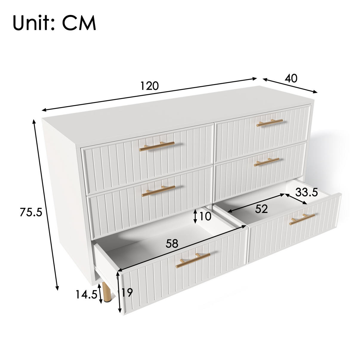 KOMMODE aus Spanplatte 120x40x75 cm Weiß mit 6 Schubladen und Metallfüßen - Weiß, Holzwerkstoff (40/75/120cm) - IVMEU