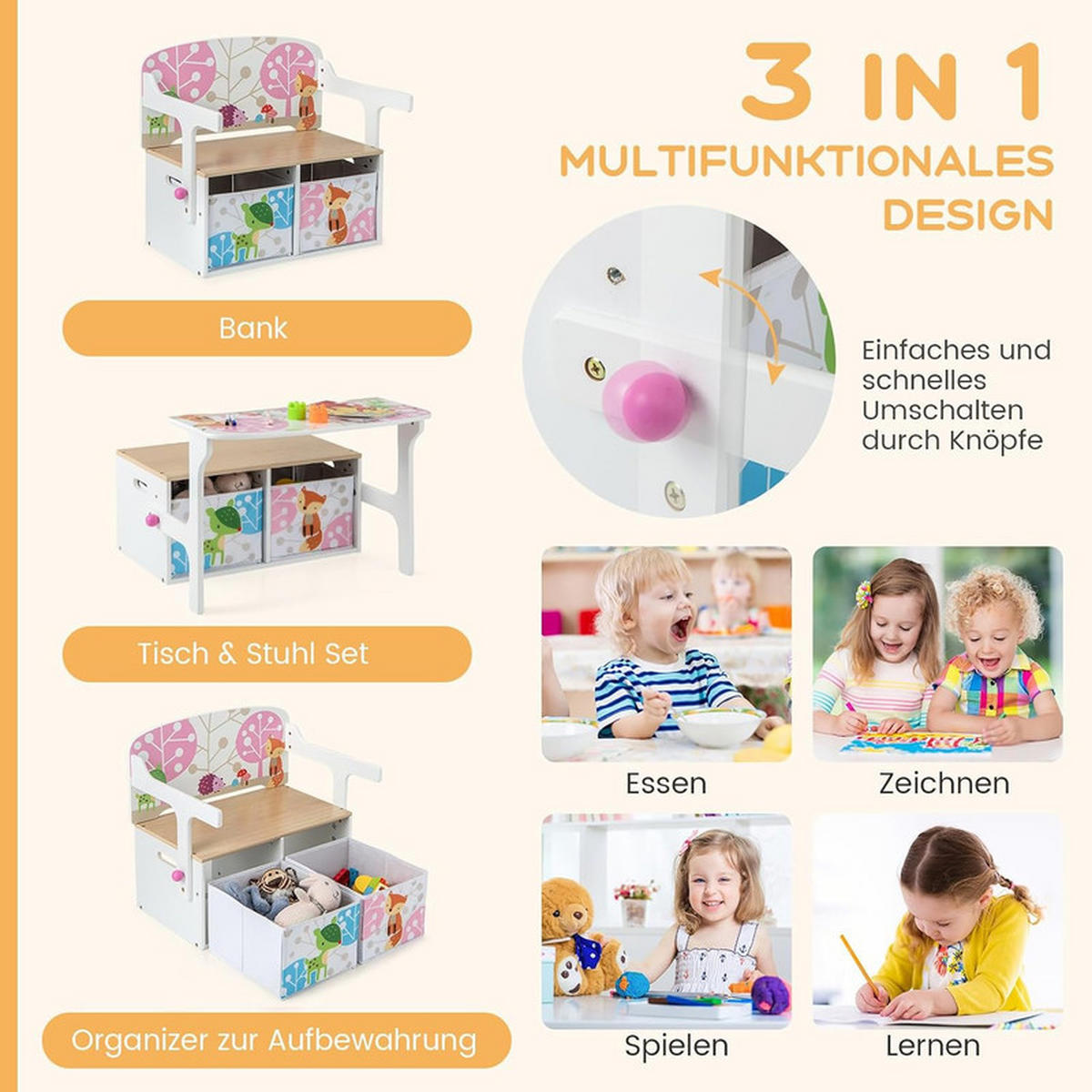 KINDERSITZBANK 3-in-1 Tisch-Sitzbank-Set Weiß - Weiß, Holzwerkstoff (60/57/42cm) - COSTWAY