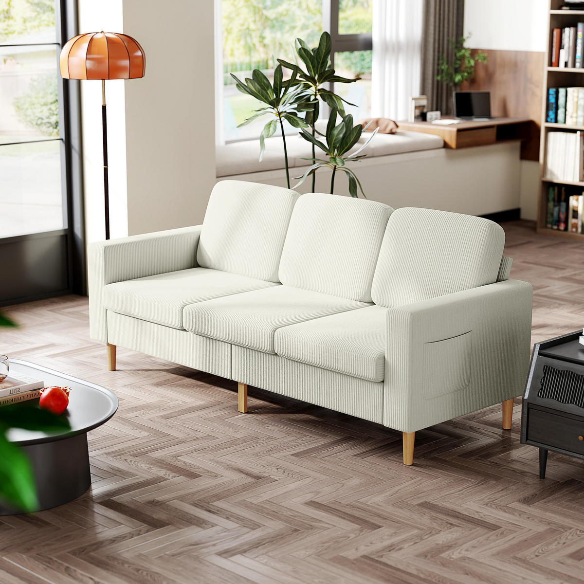 3-SITZER-SOFA DE-13446 mit Federkernpolsterung, Velours Beige - Beige, Textil (80/84.5/192cm) - ComfortXL
