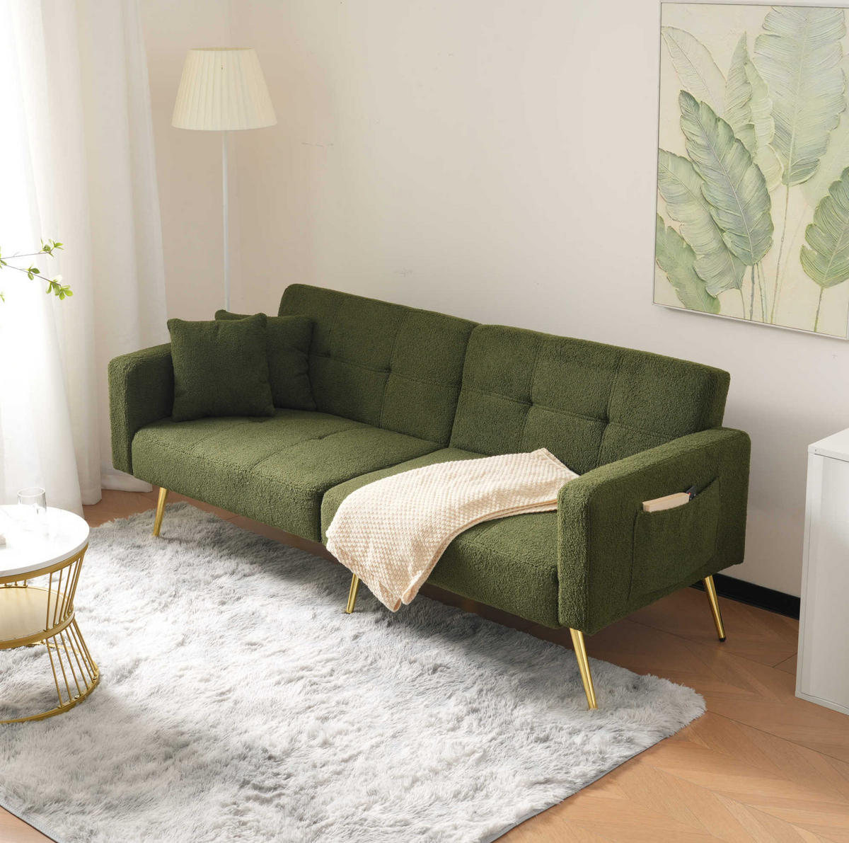 SCHLAFSOFA Sherpa mit verstellbarer Rückenlehne und Seitentaschen Antikgrün 175/64/72 cm - Grün, Textil (64/72/175cm) - Redom