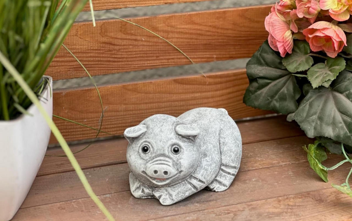 STEINFIGUR Glücksschwein Svenny Schwein Schweinchen Steinguss frostfest - Grau, Stein (16/7/11cm) - stoneandstyle