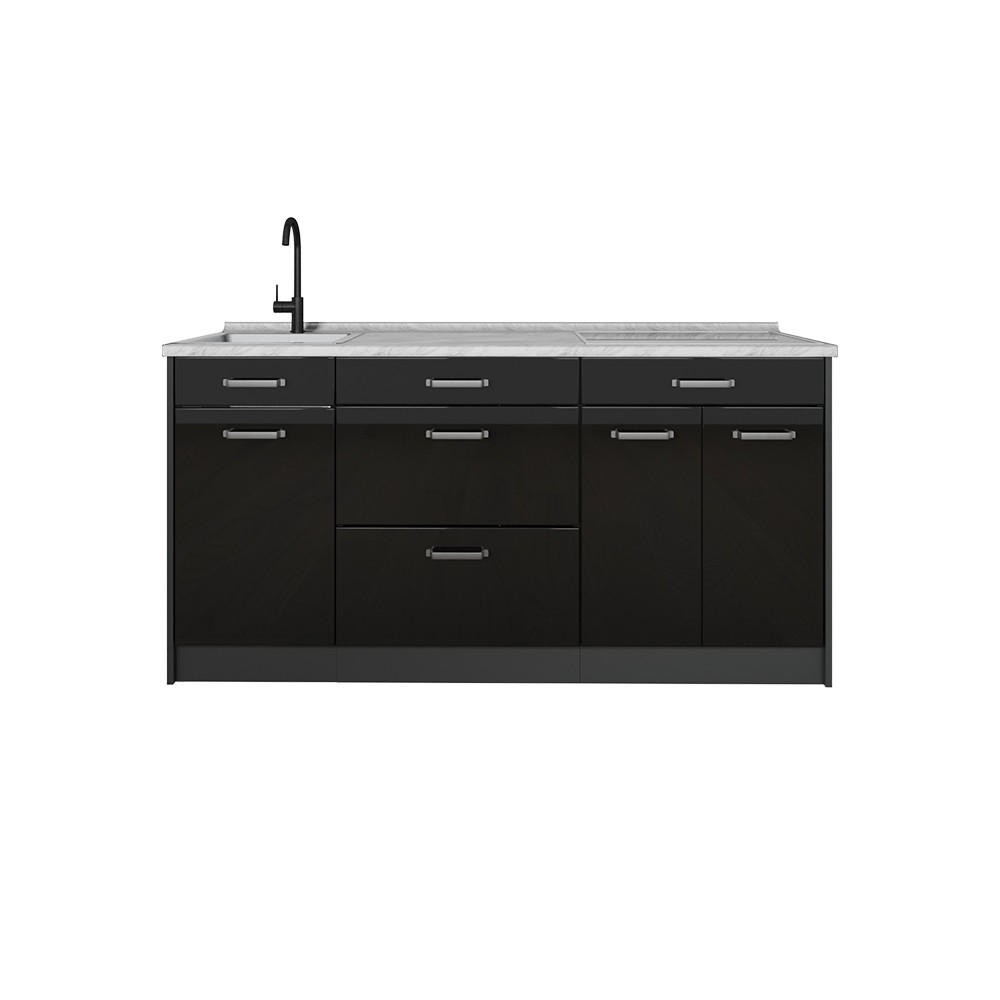 KÜCHENBLOCK R-Line, Schwarz Hochglanz/Anthrazit, 160 cm Arbeitsplatte Marmor - Schwarz Hochglanz/Anthrazit, Holzwerkstoff (160/81.6/60cm) - Vicco