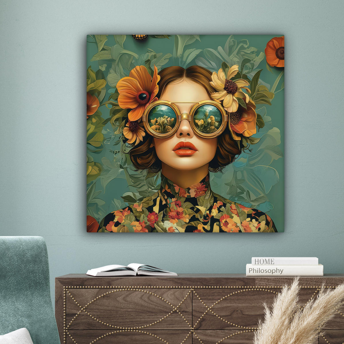 LEINWANDBILD Frau - Blumen - Schmetterlinge - Natur - Vintage Deko Groß 90x90 cm - Salbeigrün, Textil (90/90cm) - MuchoWow
