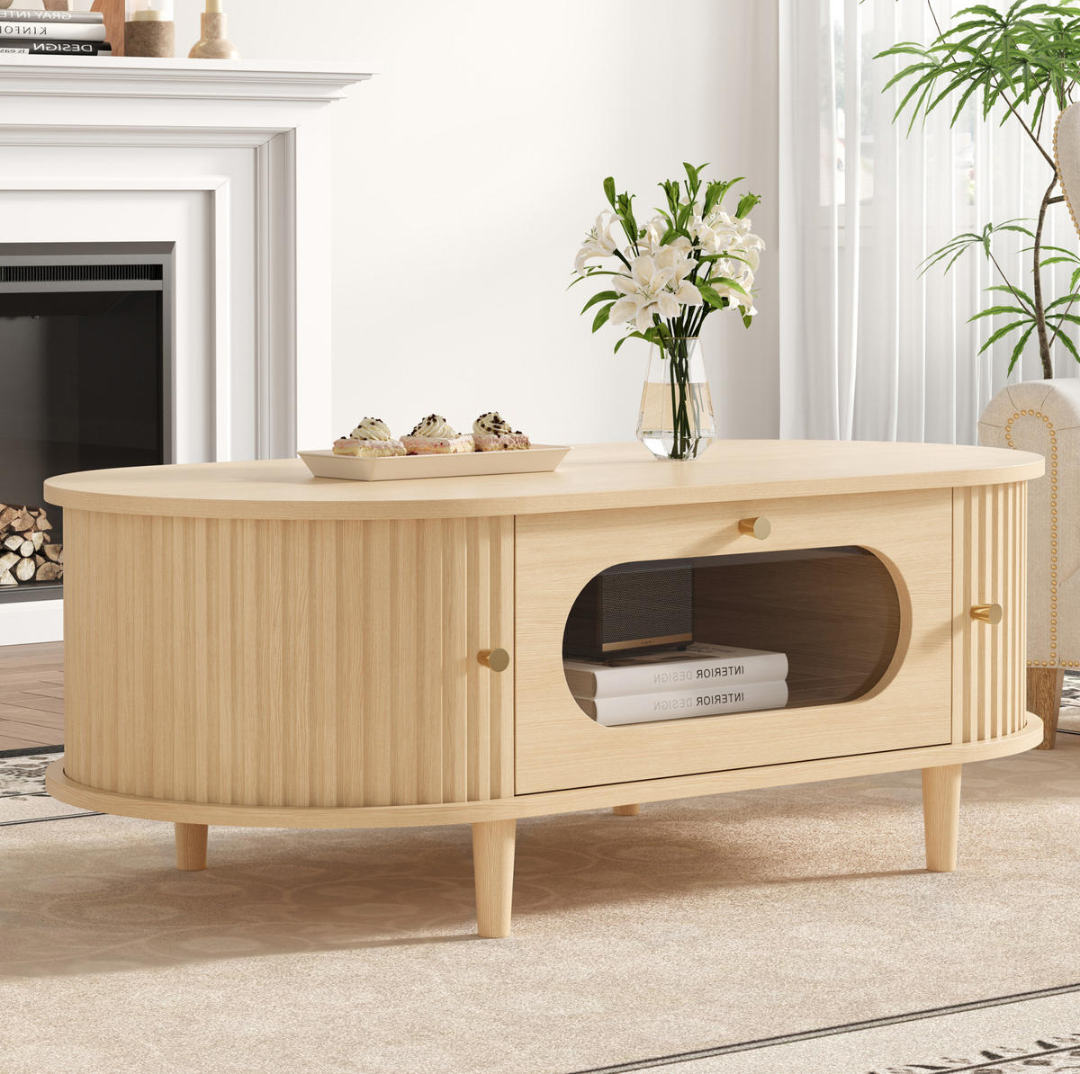 COUCHTISCH 100/50/36 cm Holzfarbe aus MDF mit Schublade und Rolltür - Eichefarben, Holzwerkstoff (100/50/36cm) - OKMYHOME