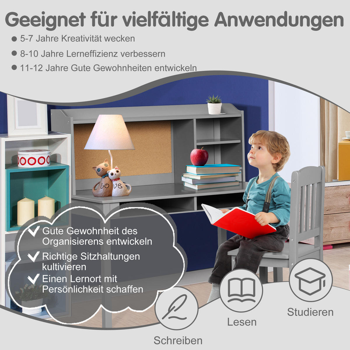 KINDERSCHREIBTISCH mit Hängeplatte grau(2-tlg) - Grau, Holzwerkstoff (111.5/110.7/60.5cm) - COSTWAY