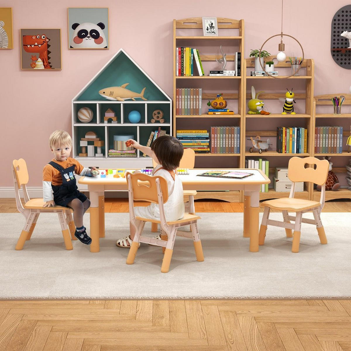 KINDERTISCH mit 4 Stühlen natur(5-tlg) - Naturfarben, Kunststoff (120/60/60cm) - COSTWAY