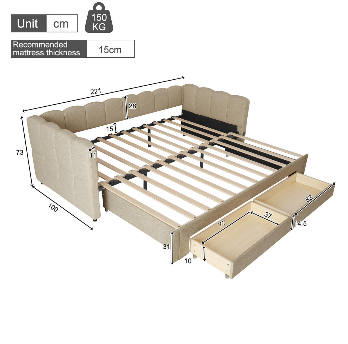 POLSTERBETT 90/180x200 cm Beige aus Chenille mit 2 Schubladen und USB - Beige, Textil (90/200cm) - Flora Grace