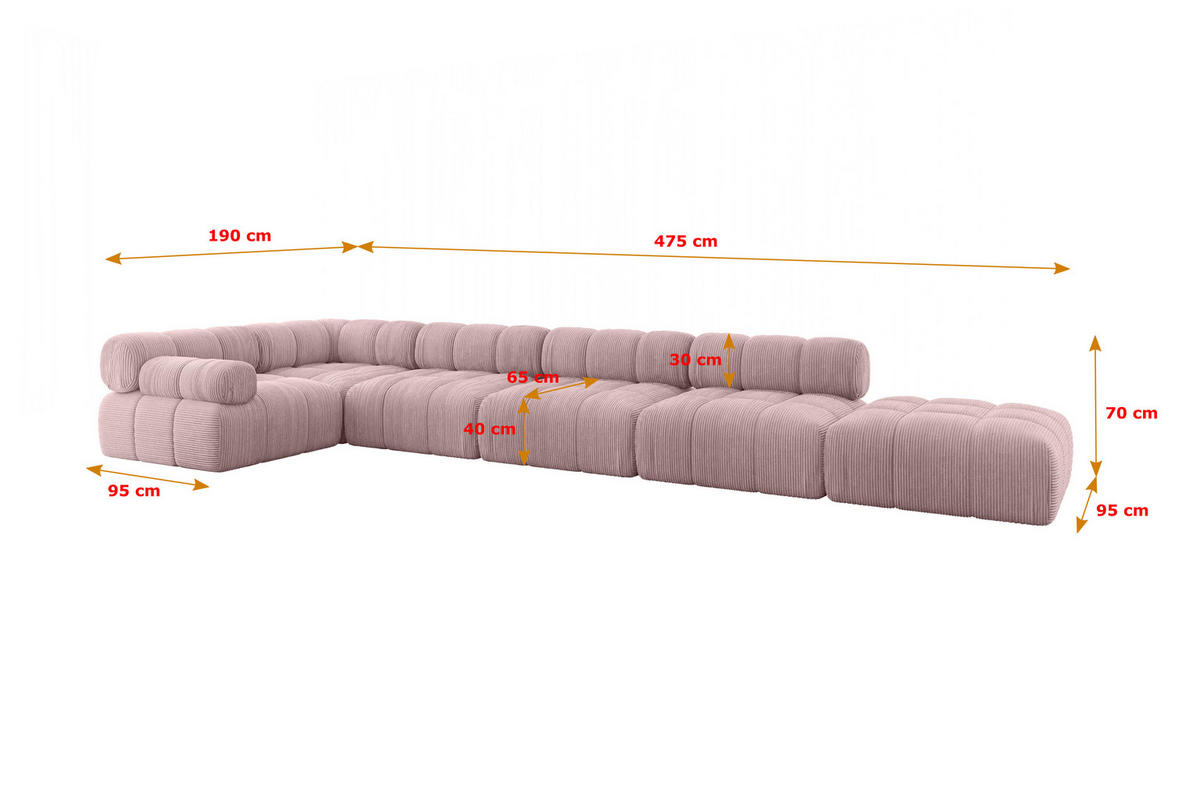 ECKSOFA modulares Sofa Felto-L3 - 475x190x70 cm Rosa Cord - Rosa, Holzwerkstoff/Textil (475/190cm) - ALTDECOR